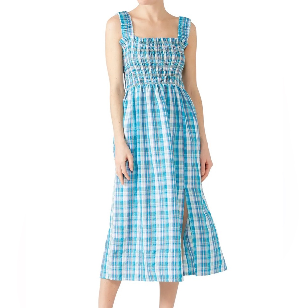 Nicholas Blue Smocked Plaid Apron Midi Dress Sz 8